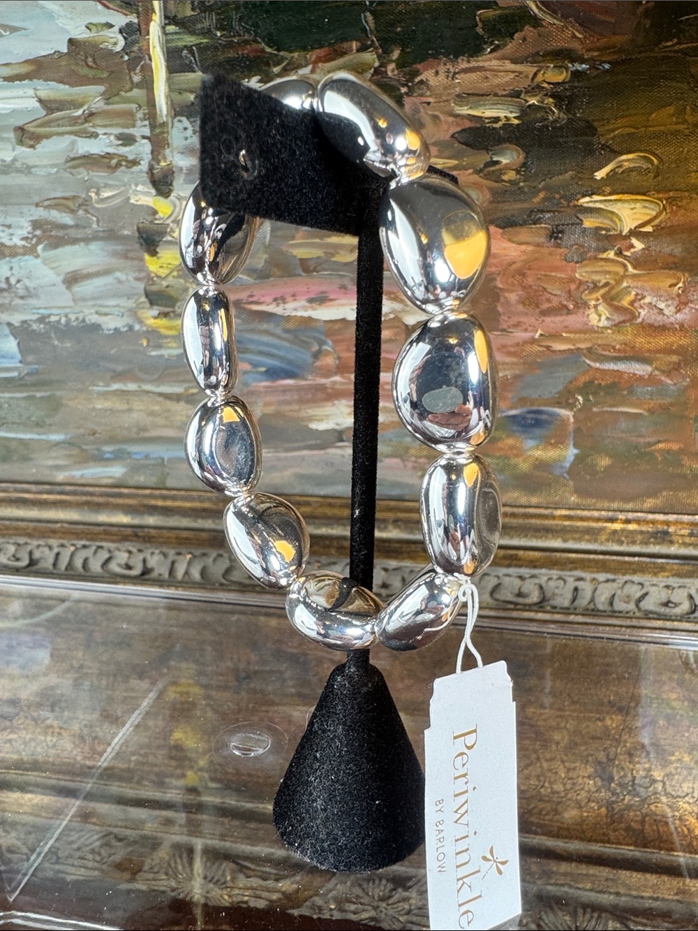 0822-Periwinkle Chunky Silver Stretchy Bead Bracelet